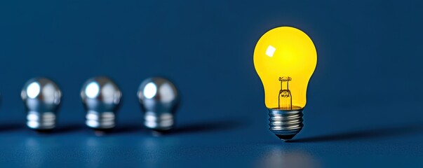 Poster - A vibrant yellow light bulb stands out among metallic bulbs against a blue backdrop, symbolizing innovation and creativity.