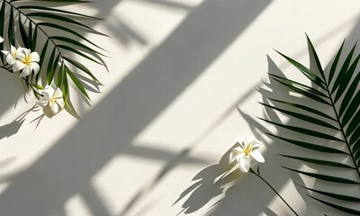 Wall Mural - white flowers and palm leaves casting shadows on light surface