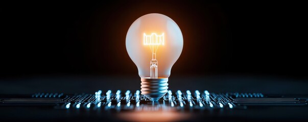 Poster - A glowing light bulb stands on a circuit board, symbolizing innovation, technology, and creativity in a modern digital landscape.