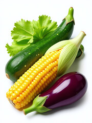 Poster - A Variety Of Colorful Vegetables Including Corn, Cucumber, And Aubergine Are Isolated Against A Clean White Background In This Image. 00002