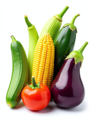 Poster - A Variety Of Colorful Vegetables Including Corn, Cucumber, And Aubergine Are Isolated Against A Clean White Background In This Image. 00001