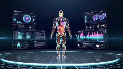 Poster - Exploring human anatomy through advanced visualization technology in a futuristic environment. Future medical scan in hud vfx style.