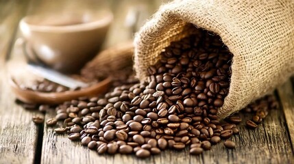 Poster - Sack of Freshly Roasted Coffee Beans Spilled On Rustic Wooden Table Surface : Generative AI