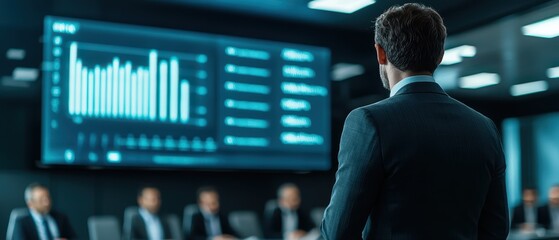 Wall Mural - Businessman in Suit Presenting Data Analysis to Corporate Team in Modern Conference Room Setting