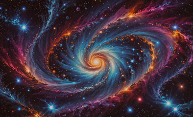 Poster - colorful spiral galaxy with a bright yellow star in the center. there are many stars in the galaxy, 