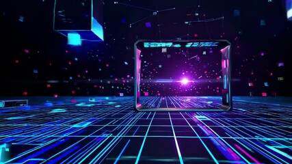 Leinwandbilder - Dynamic digital landscape with glowing lines and shapes in vibrant blue and purple hues