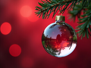 Wall Mural - a transparent glass christmas ball is hanging from a green pine branch against a vibrant red bokeh b