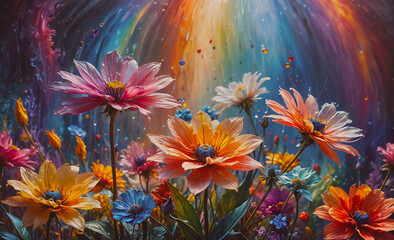Poster - Painting of a field of flowers with a rainbow in the background. The flowers are of various colors and sizes