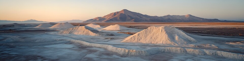 Aufkleber - Aerial panorama of the geometric salt formations glowing under soft twilight, with distant mountains creating contrast, in 4K resolution