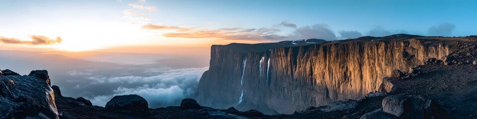 Poster - Aerial panorama of Kilimanjaros glacier fields glowing under soft morning light, with rugged cliffs creating cinematic depth, in 4K resolution
