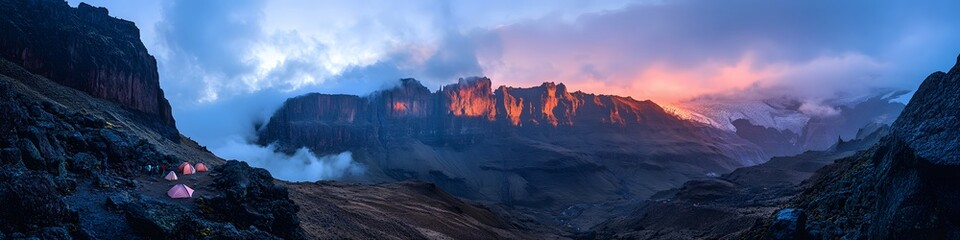 Poster - Aerial panorama of trekkers camping at the Barranco Camp, with Mount Kilimanjaros dramatic cliffs glowing under the first light of dawn, in 4K resolution