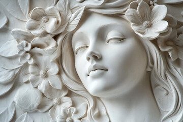 Wall Mural - A white bas-relief showing a woman's face with flowers and flowing hair, generative AI technology