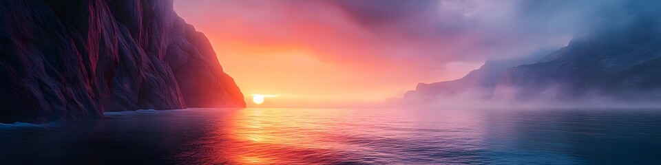 Leinwandbilder - Panoramic view of the lake glowing under fiery sunset hues, with mist rising from the ocean waves crashing against the towering cliffs, in 4K resolution