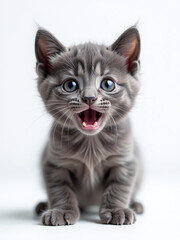 Aufkleber - A Surprised Gray Kitten Looks Directly At You From A White Background With Its Huge Eyes Standing Out Clearly. 00001