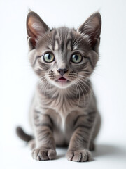 Aufkleber - A Surprised Gray Kitten Looks Directly At You From A White Background With Its Huge Eyes Standing Out Clearly. 00002