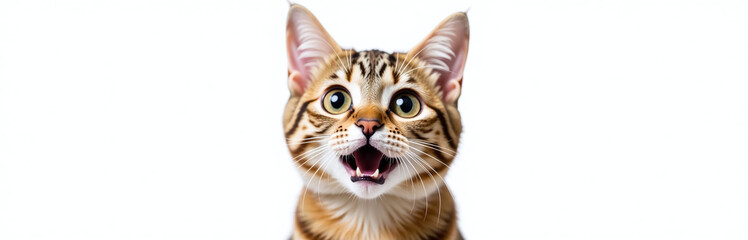 Poster - A Surprised British Cat With Huge Eyes Is Isolated On A White Background In A Funny Portrait Style Image. 00001