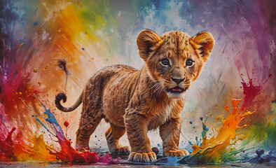 Poster - Baby lion standing in a splash of paint. The splash is in the background and the lion is in the foreground