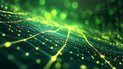 Poster - Abstract Digital Green and Yellow Glowing Network Grid Background with Light Dots : Generative AI