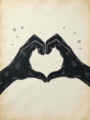 Aufkleber - A Stylized Hand Gesture Forming A Heart Shape Is Placed On A Textured Paper Background With A White And Black Design Theme Surrounding It. 00001