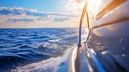 Poster - Serene Coastal Adventure Sailing with a Yacht During a Vibrant Sunset on Open Sea : Generative AI