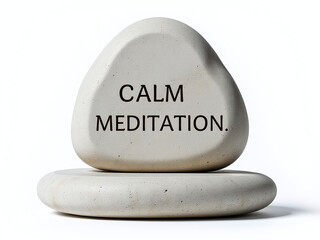 Poster - A Stone Sculpture With A Calm Meditation Text Isolated On A Pure White Background Creates A Soothing Atmosphere. 00001
