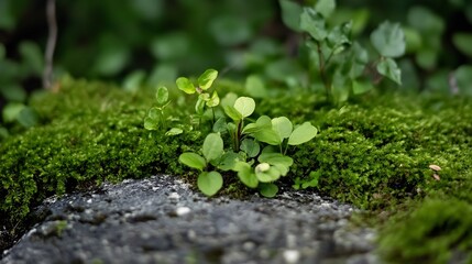 Poster - Closeup of Lush Green Plants and Moss on Weathered Rock in Tranquil Forest Setting : Generative AI