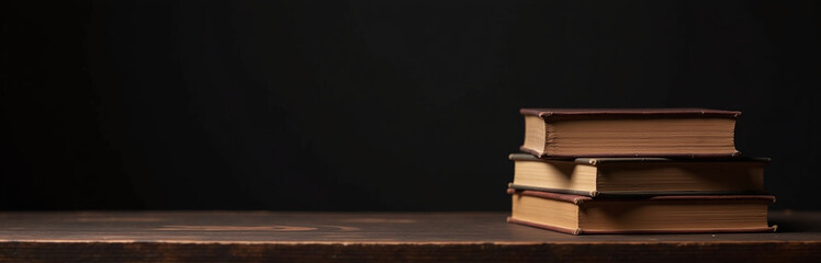 Poster - A Stack Of Antique Books Lies Against A Black Background In This Simple Yet Elegant Banner Design. 00003