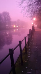 Wall Mural - serene lakeside scene at dawn with fog, reflections, and lamplight