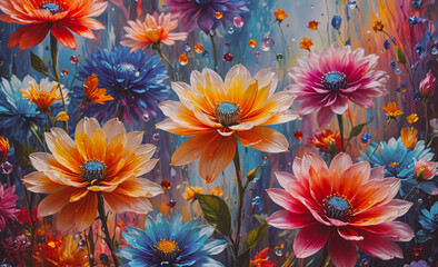 Poster - Painting of a field of flowers with a blue flower in the middle. The flowers are in various colors including pink, yellow, and blue