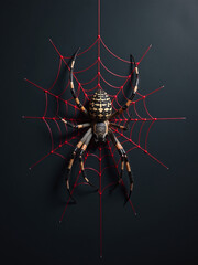 Poster - A Spider And Red Web Are Against A Black Wall In A Spooky Halloween Background Setting With Dark Shadows And Eerie Silence. 00002