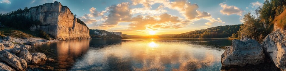 Aufkleber - Wide-angle shot of the shimmering lake glowing under golden hour light, with vibrant clouds casting shadows over the cliffs, in 4K resolution