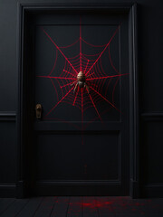 Poster - A Spider And Red Web Are Against A Black Wall In A Spooky Halloween Background Setting With Dark Shadows And Eerie Silence. 00001