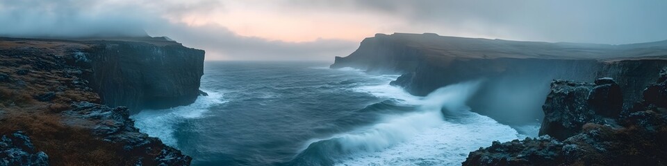 Aufkleber - Panoramic view of the Atlantic Ocean crashing against the cliffs below Lake Srvagsvatn, with mist rising dramatically under soft light, in 4K resolution