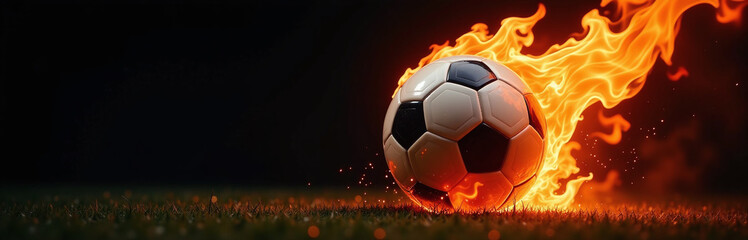 Aufkleber - A Soccer Ball Is Engulfed By Flames On A Dark Black Background Creating A Dramatic Visual Effect Suddenly. 00001