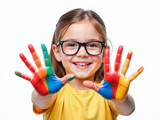 Poster - A Smiling Young Girl Wearing Glasses Has Colorful Painted Hands Isolated Against A Clean White Background To Stand Out Clearly. 00003