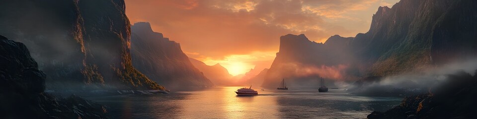 Leinwandbilder - Panoramic view of Reinebringens rugged cliffs glowing under fiery sunset hues, with boats navigating the serene fjords below, in 4K resolution