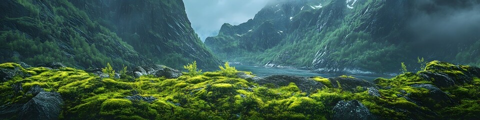 Poster - Panoramic view of the iconic Lofoten fjords illuminated by the first light of dawn, with vibrant greenery and rugged cliffs creating a cinematic landscape, in 4K resolution