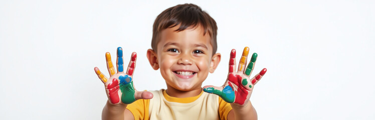 Poster - A Smiling Young Boy Has Colorful Painted Hands Isolated Against A Pure White Background In This Simple And Playful Image. 00002