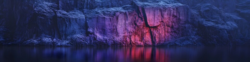 Poster - Panoramic view of Reinebringens rugged cliffs glowing under the vibrant hues of twilight, with the fjords reflecting the dramatic colors, in 4K resolution