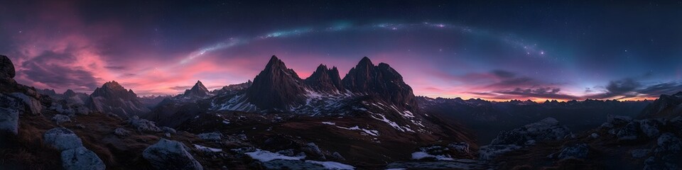 Poster - Panoramic view of Reinebringen glowing under the vibrant hues of twilight, with the auroras blending seamlessly into the starry sky, in 4K resolution