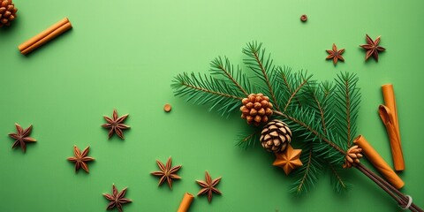 Poster - A Christmas tree branch with cinnamon sticks, star anise, and pine cones on a green background.