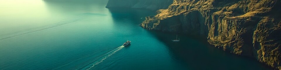 Leinwandbilder - Wide shot of Reinebringens cliffs glowing under golden hour light, with boats navigating the turquoise fjords below, in 4K resolution