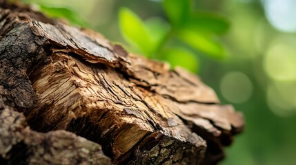 Poster - Closeup of Textured Bark with Vibrant Green Leaves in a Natural Forest Setting : Generative AI