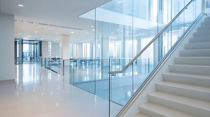 Poster - Contemporary Open Office Space with Glass Walls and Staircase : Generative AI