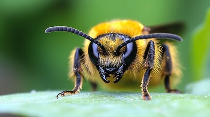 Poster - Closeup Macro Shot of Yellow Furry Bee on Leaf : Generative AI