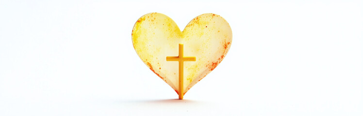 Poster - A Small Yellow Cross In A Colorful Watercolor Heart Shape Stands Isolated Against A White Background As A Religious Symbol. 00002
