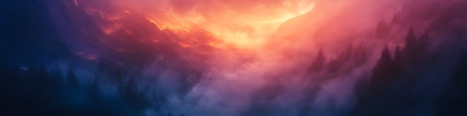 Leinwandbilder - Panoramic view of Kamikochis alpine valley glowing under fiery sunset hues, with swirling mist and dynamic shadows creating cinematic drama, in 4K resolution