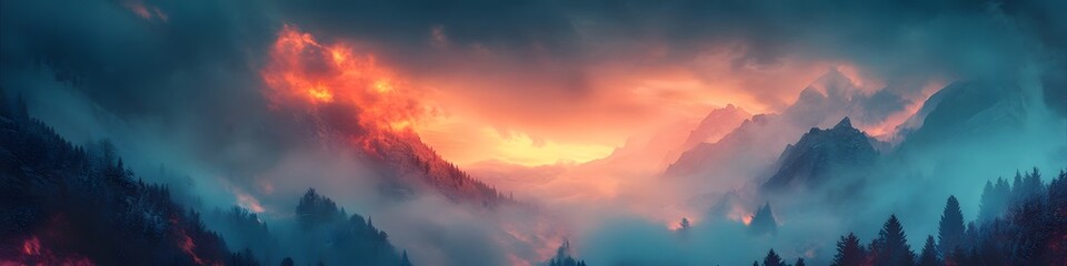 Leinwandbilder - Panoramic view of Kamikochis alpine valley glowing under fiery sunset hues, with swirling mist and dynamic shadows creating cinematic drama, in 4K resolution
