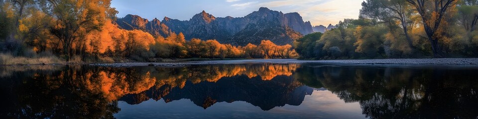 Aufkleber - Wide-angle shot of the Azusa River reflecting the vibrant autumn trees, with layers of jagged peaks glowing under golden hour light, in 4K resolution