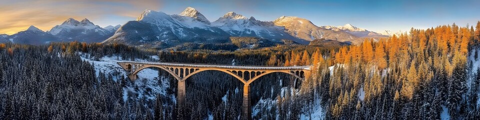 Aufkleber - Aerial panorama of the Kappa Bridge surrounded by vibrant forests and snow-dusted peaks glowing under golden hour light, in 4K resolution